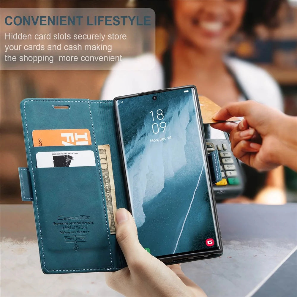 CASEME 013 Series For Samsung Galaxy S23 Ultra Stand Function Fully Wrapped PU Leather Wallet Case Magnetic Auto-absorbed Phone Case - Blue - 7