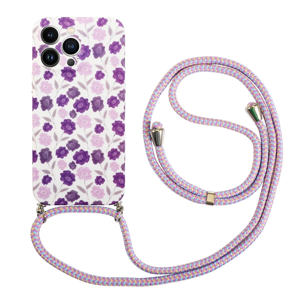 For iPhone 13 Pro Max 6.7 inch Flower Pattern Printing IMD TPU Phone Case Drop-proof Smartphone Cover with Lanyard - Violet - 1