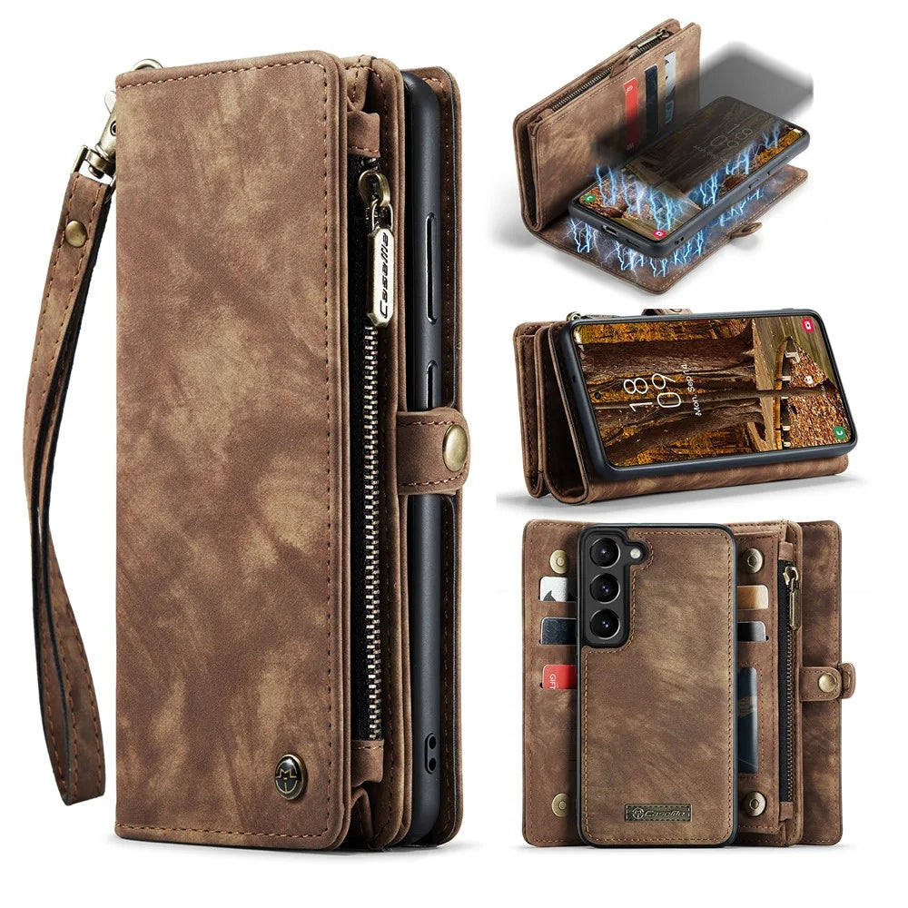 CASEME 008 Series for Samsung Galaxy S23 Multi-Functional PU Leather Foldable Stand Cover Detachable Magnetic Zipper Wallet Case - Brown - 1