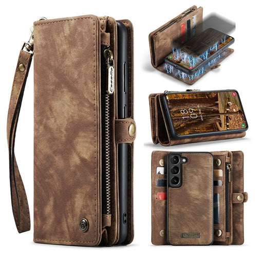 CASEME 008 Series for Samsung Galaxy S23 Multi-Functional PU Leather Foldable Stand Cover Detachable Magnetic Zipper Wallet Case - Brown - 1
