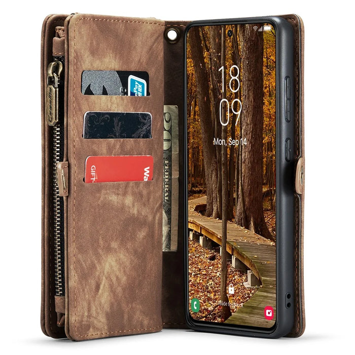 CASEME 008 Series for Samsung Galaxy S23 Multi-Functional PU Leather Foldable Stand Cover Detachable Magnetic Zipper Wallet Case - Brown - 2