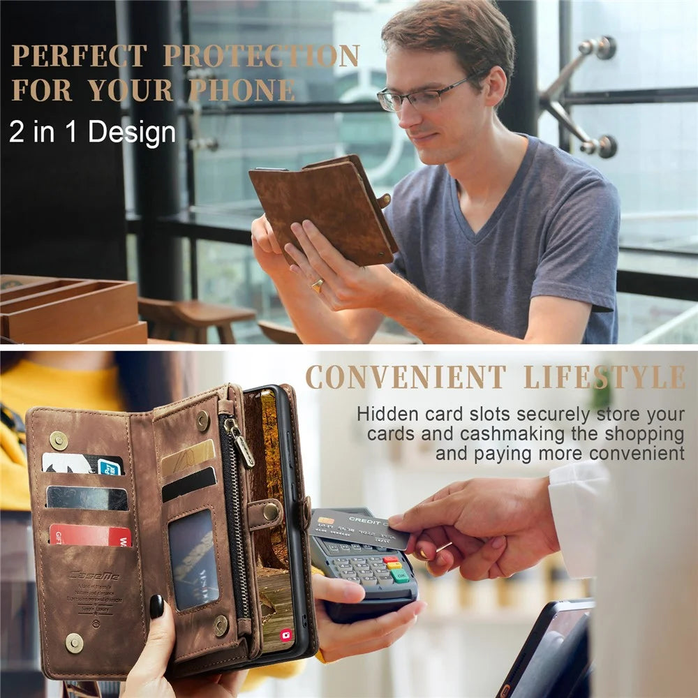 CASEME 008 Series for Samsung Galaxy S23 Multi-Functional PU Leather Foldable Stand Cover Detachable Magnetic Zipper Wallet Case - Brown - 5