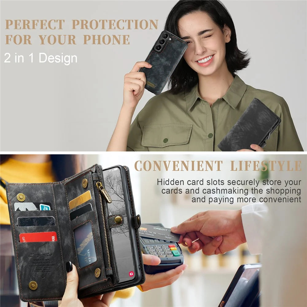CASEME 008 Series for Samsung Galaxy S23+ Multi-Functional PU Leather Hands-free Stand Flip Cover Detachable Magnetic Zipper Wallet Case - Black - 6