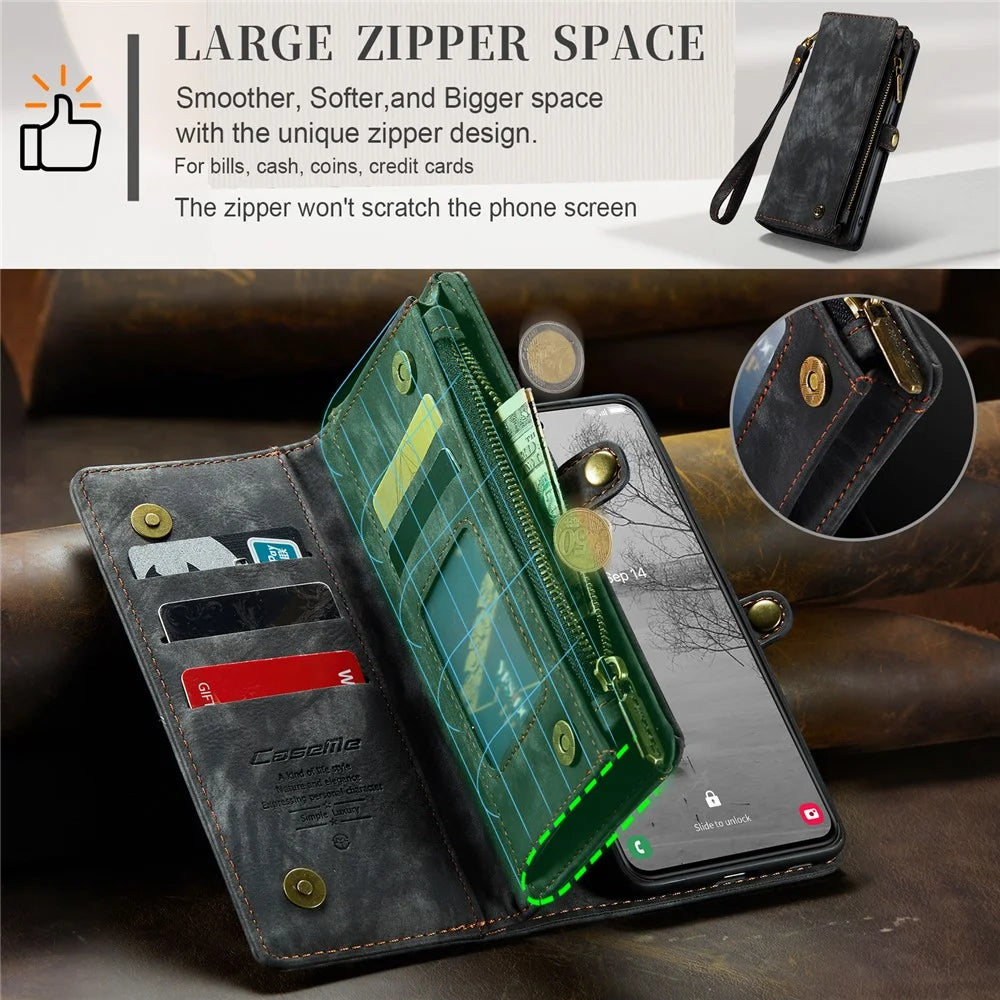 CASEME 008 Series for Samsung Galaxy S23+ Multi-Functional PU Leather Hands-free Stand Flip Cover Detachable Magnetic Zipper Wallet Case - Black - 7