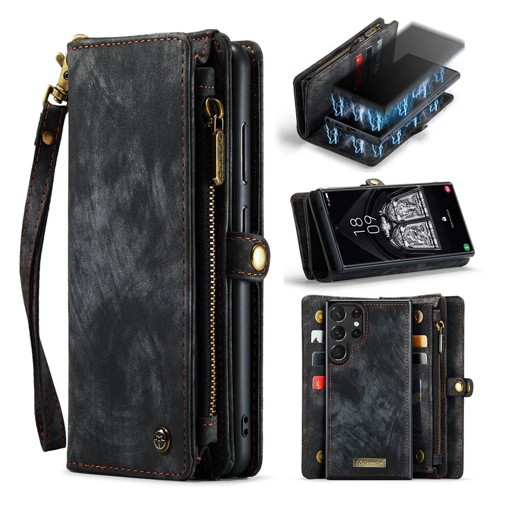 CASEME 008 Series for Samsung Galaxy S23 Ultra Multi-Functional PU Leather Adjustable Stand Flip Cover Detachable Magnetic Zipper Wallet Case - Black - 1