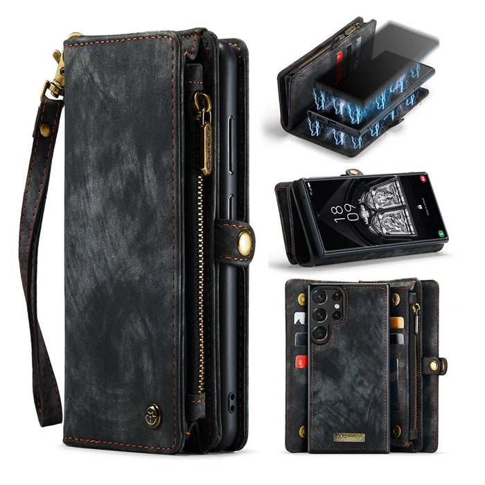 CASEME 008 Series for Samsung Galaxy S23 Ultra Multi-Functional PU Leather Adjustable Stand Flip Cover Detachable Magnetic Zipper Wallet Case - Black - 1