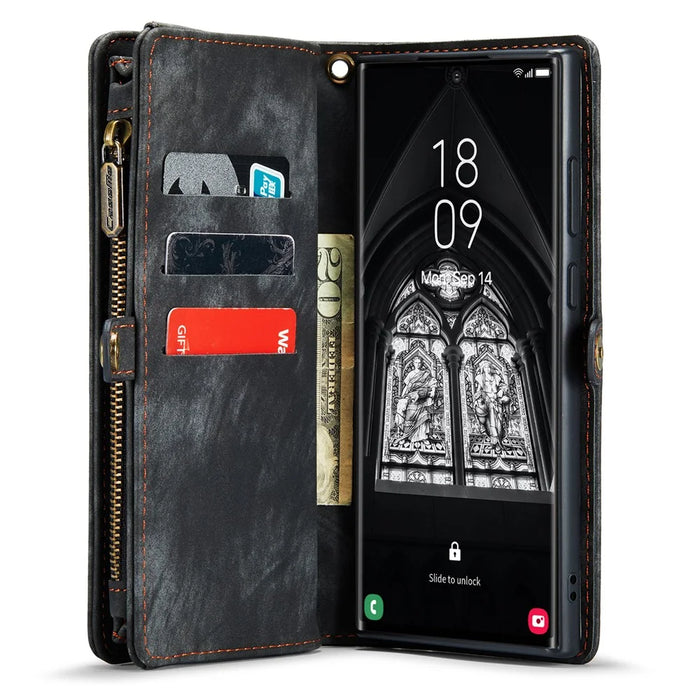 CASEME 008 Series for Samsung Galaxy S23 Ultra Multi-Functional PU Leather Adjustable Stand Flip Cover Detachable Magnetic Zipper Wallet Case - Black - 2