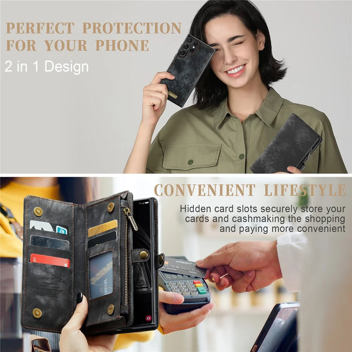 CASEME 008 Series for Samsung Galaxy S23 Ultra Multi-Functional PU Leather Adjustable Stand Flip Cover Detachable Magnetic Zipper Wallet Case - Black - 6