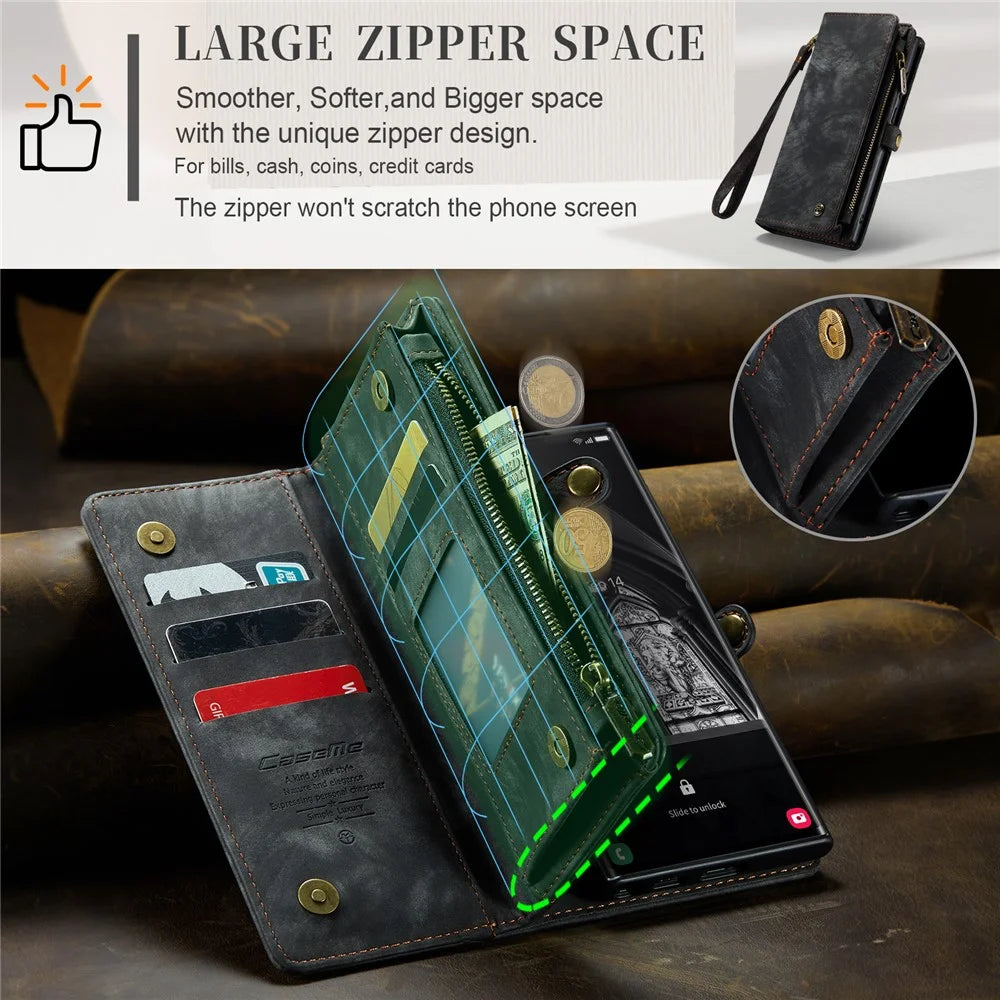 CASEME 008 Series for Samsung Galaxy S23 Ultra Multi-Functional PU Leather Adjustable Stand Flip Cover Detachable Magnetic Zipper Wallet Case - Black - 7