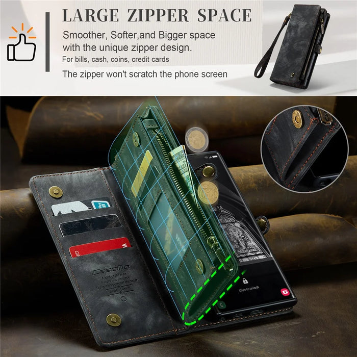 CASEME 008 Series for Samsung Galaxy S23 Ultra Multi-Functional PU Leather Adjustable Stand Flip Cover Detachable Magnetic Zipper Wallet Case - Black - 7