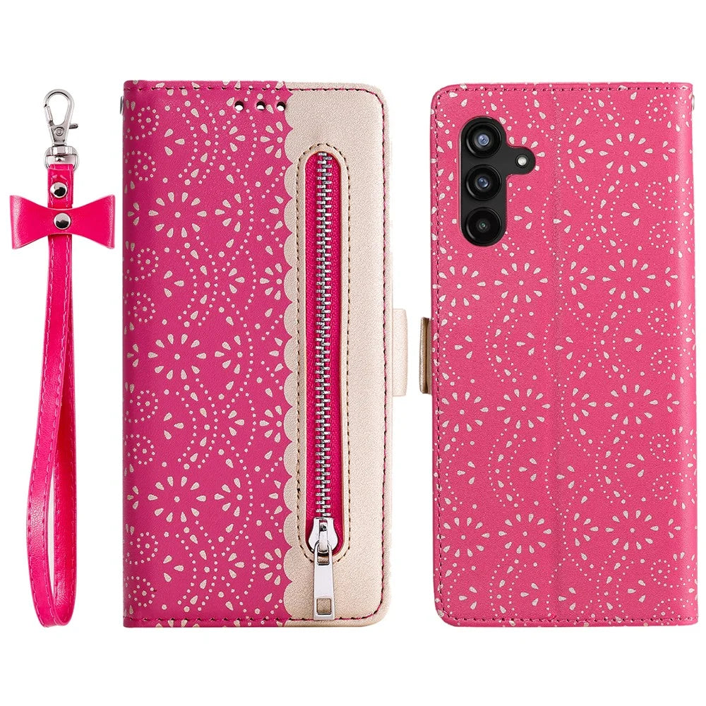 For Samsung Galaxy A54 5G Zipper Wallet Phone Case Lace Flower Pattern PU Leather Phone Stand Cover with Bowknot Wrist Strap - Rose - 1