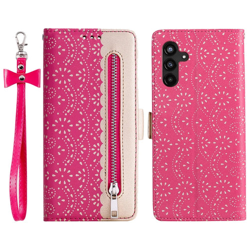 For Samsung Galaxy A54 5G Zipper Wallet Phone Case Lace Flower Pattern PU Leather Phone Stand Cover with Bowknot Wrist Strap - Rose - 1