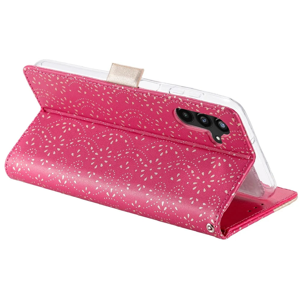 For Samsung Galaxy A54 5G Zipper Wallet Phone Case Lace Flower Pattern PU Leather Phone Stand Cover with Bowknot Wrist Strap - Rose - 4