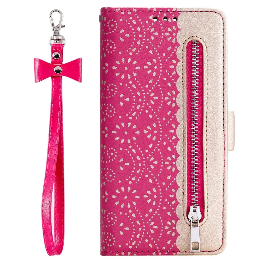 For Samsung Galaxy A54 5G Zipper Wallet Phone Case Lace Flower Pattern PU Leather Phone Stand Cover with Bowknot Wrist Strap - Rose - 6