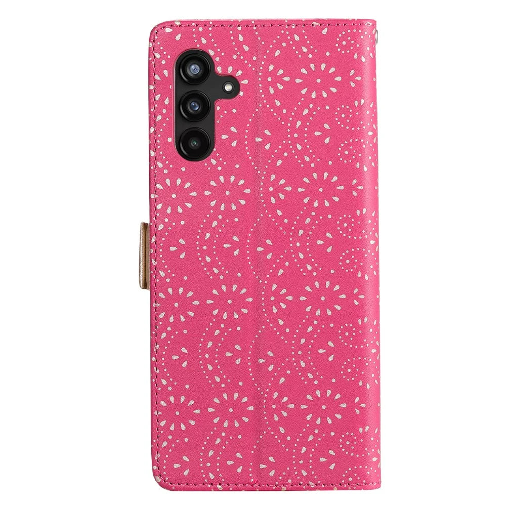 For Samsung Galaxy A54 5G Zipper Wallet Phone Case Lace Flower Pattern PU Leather Phone Stand Cover with Bowknot Wrist Strap - Rose - 7