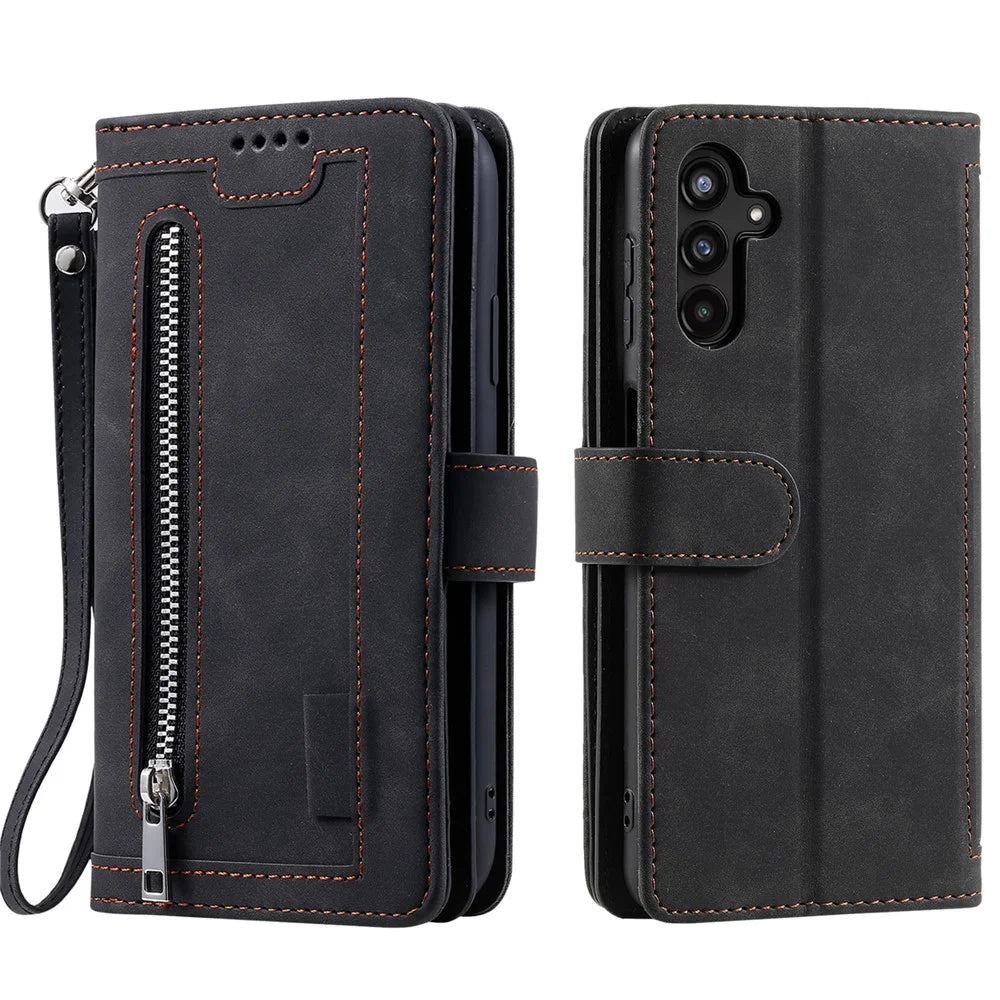 Shockproof PU Leather Phone Case for Samsung Galaxy A34 5G, Zipper Pocket Design Stand Anti-Scratch Protective Cover with 9 Card Slots - Black - 1