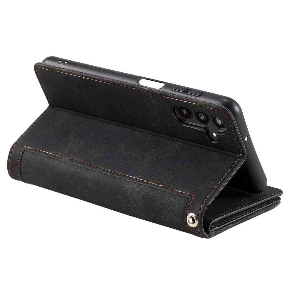 Shockproof PU Leather Phone Case for Samsung Galaxy A34 5G, Zipper Pocket Design Stand Anti-Scratch Protective Cover with 9 Card Slots - Black - 5