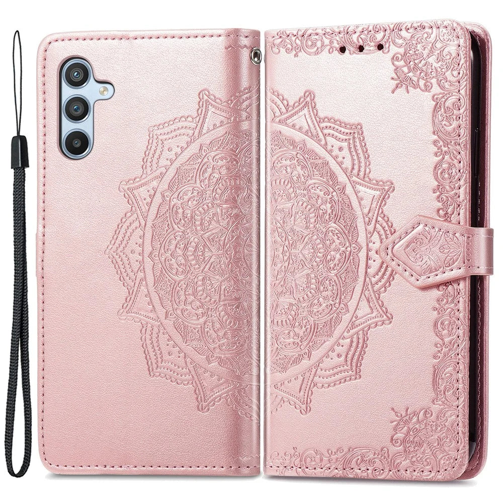 For Samsung Galaxy A14 5G / A14 4G Case Stand Embossed Mandala Pattern PU Leather Wallet Cover with Strap - Rose Gold - 1