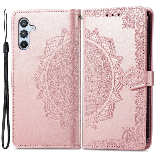 For Samsung Galaxy A14 5G / A14 4G Case Stand Embossed Mandala Pattern PU Leather Wallet Cover with Strap - Rose Gold - 1