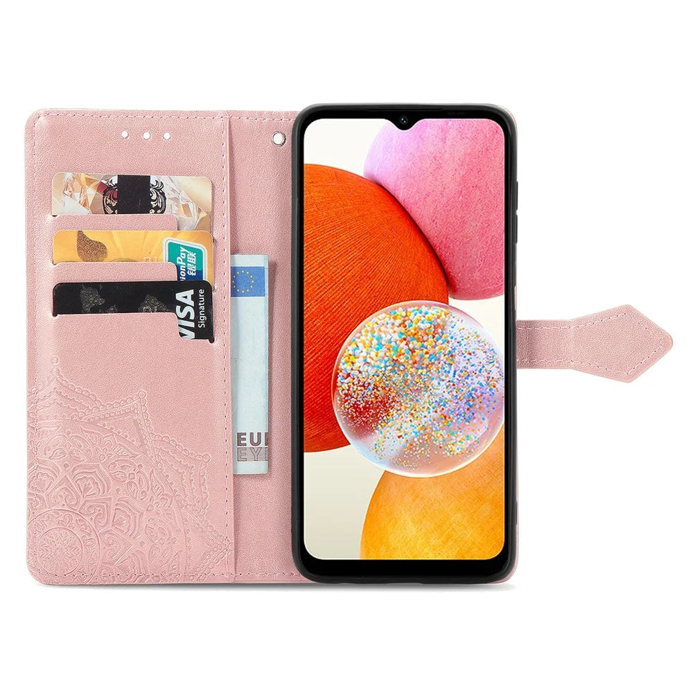 For Samsung Galaxy A14 5G / A14 4G Case Stand Embossed Mandala Pattern PU Leather Wallet Cover with Strap - Rose Gold - 2