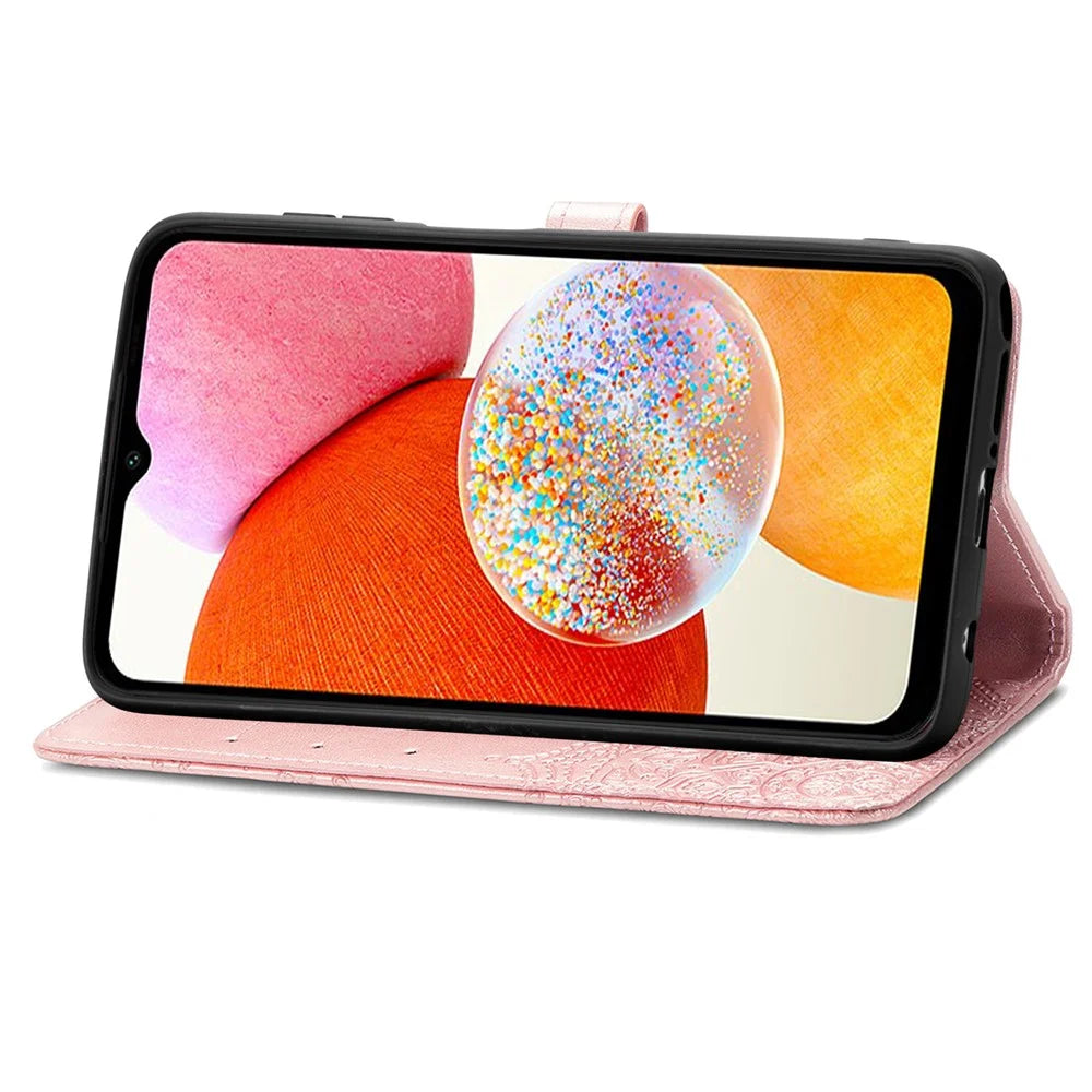 For Samsung Galaxy A14 5G / A14 4G Case Stand Embossed Mandala Pattern PU Leather Wallet Cover with Strap - Rose Gold - 3