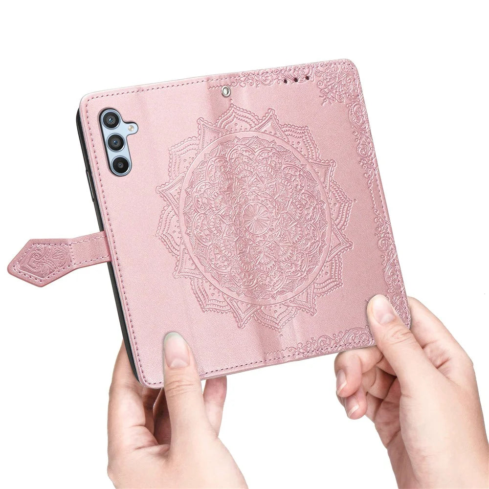 For Samsung Galaxy A14 5G / A14 4G Case Stand Embossed Mandala Pattern PU Leather Wallet Cover with Strap - Rose Gold - 4