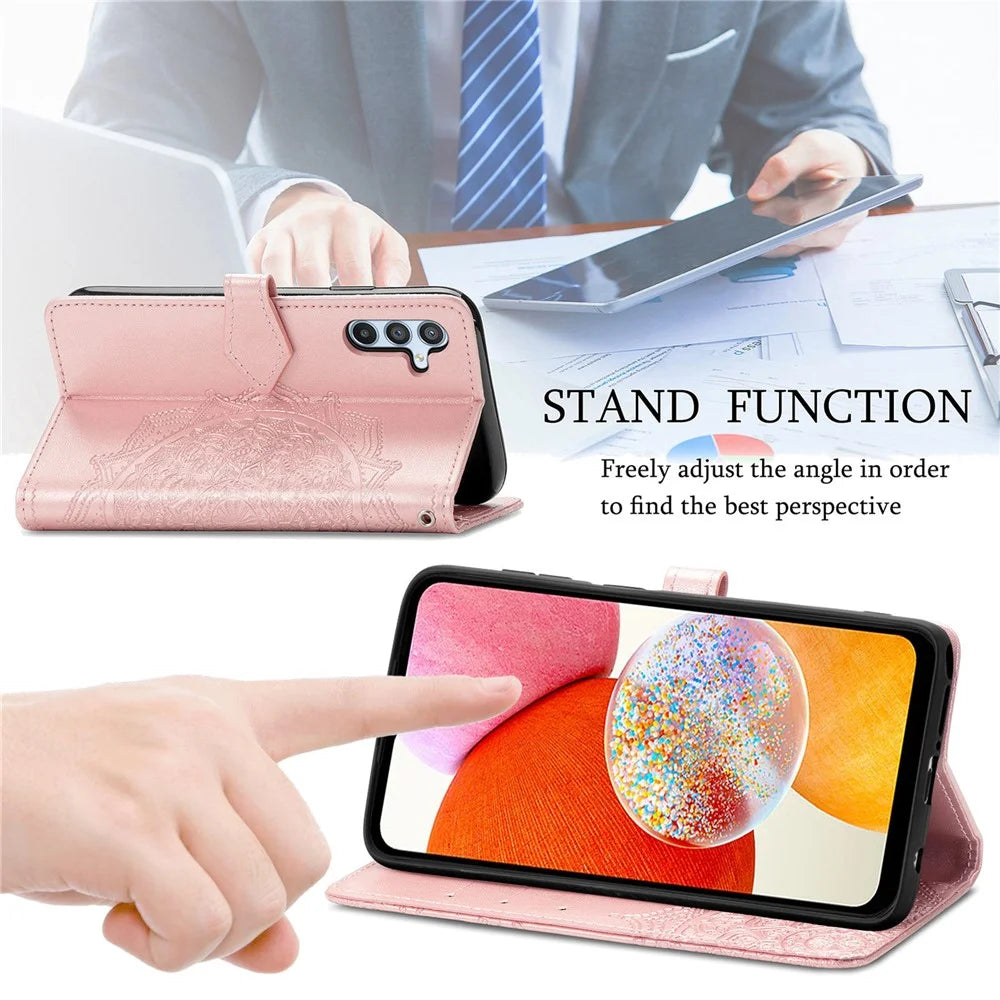For Samsung Galaxy A14 5G / A14 4G Case Stand Embossed Mandala Pattern PU Leather Wallet Cover with Strap - Rose Gold - 5