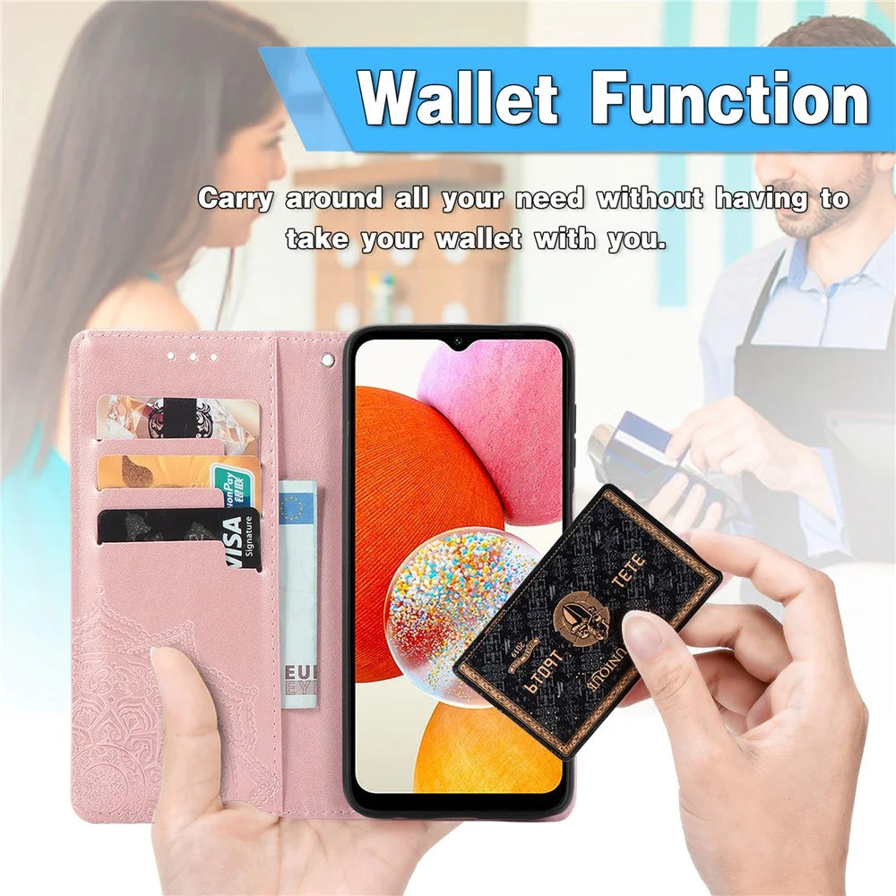 For Samsung Galaxy A14 5G / A14 4G Case Stand Embossed Mandala Pattern PU Leather Wallet Cover with Strap - Rose Gold - 6