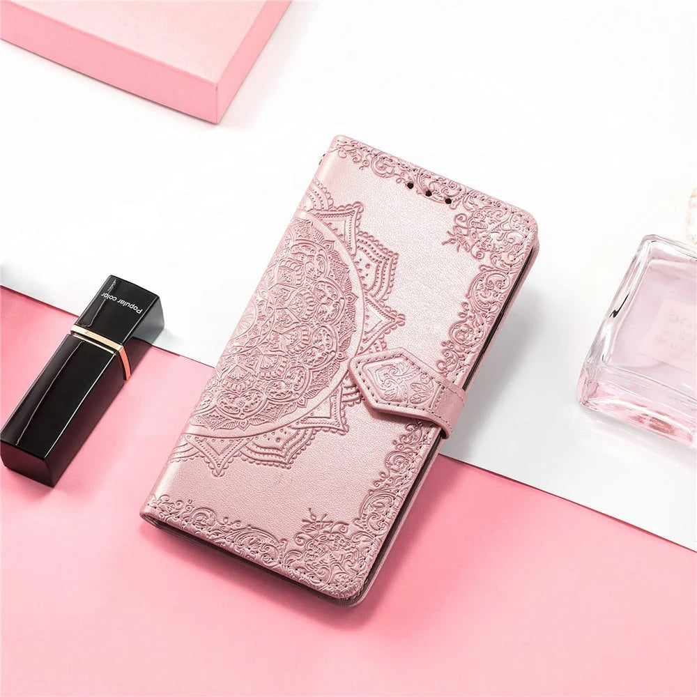 For Samsung Galaxy A14 5G / A14 4G Case Stand Embossed Mandala Pattern PU Leather Wallet Cover with Strap - Rose Gold - 7
