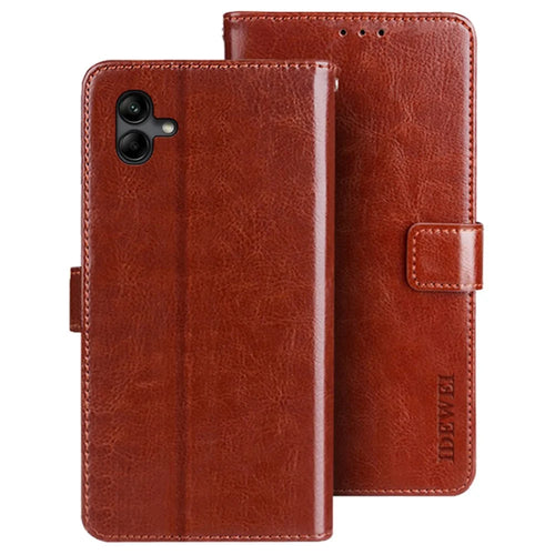 IDEWEI For Samsung Galaxy A04e 4G / F04 4G / M04 4G PU Leather Flip Phone Cover Scratch Resistant Protective Case Stand Feature Crazy Horse Texture Wallet Shell - Brown - 1