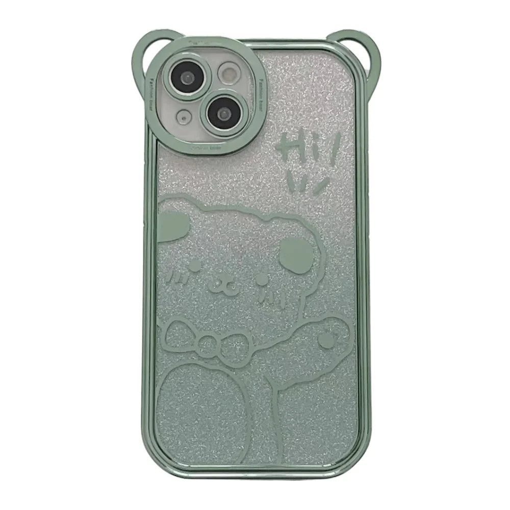 For iPhone 14 Cute Bear Electroplating Shockproof Phone Case Gradient Glitter Soft TPU Protective Cover - Green - 1