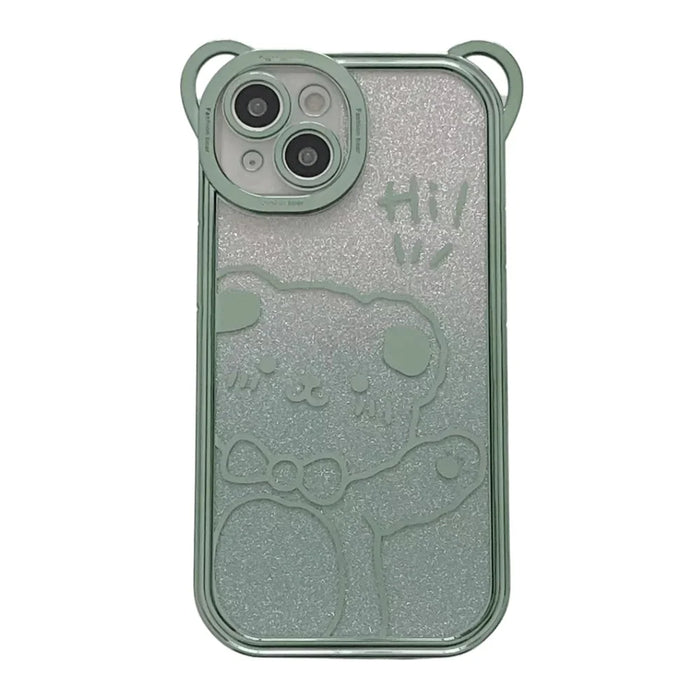 For iPhone 14 Cute Bear Electroplating Shockproof Phone Case Gradient Glitter Soft TPU Protective Cover - Green - 1
