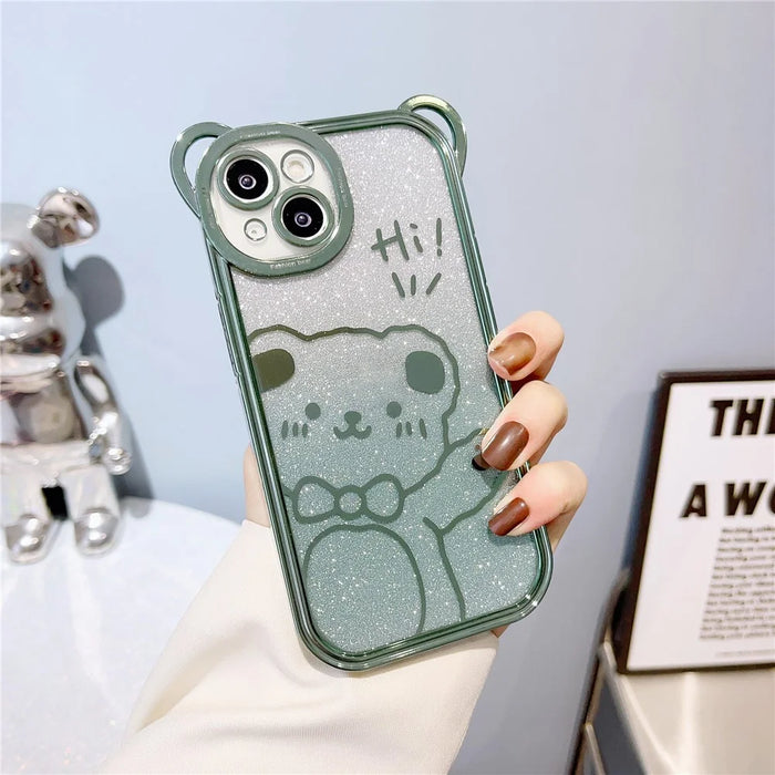 For iPhone 14 Cute Bear Electroplating Shockproof Phone Case Gradient Glitter Soft TPU Protective Cover - Green - 2