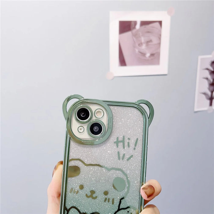 For iPhone 14 Cute Bear Electroplating Shockproof Phone Case Gradient Glitter Soft TPU Protective Cover - Green - 5