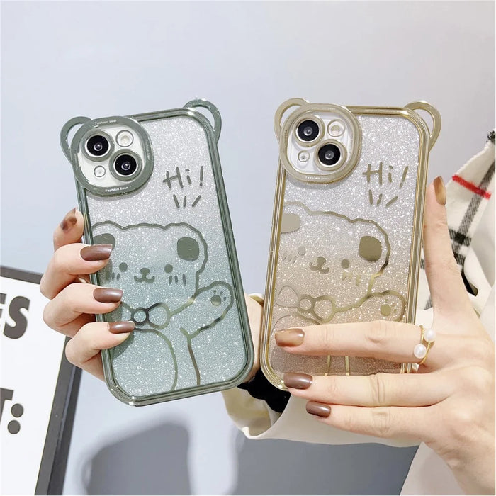 For iPhone 14 Cute Bear Electroplating Shockproof Phone Case Gradient Glitter Soft TPU Protective Cover - Green - 6