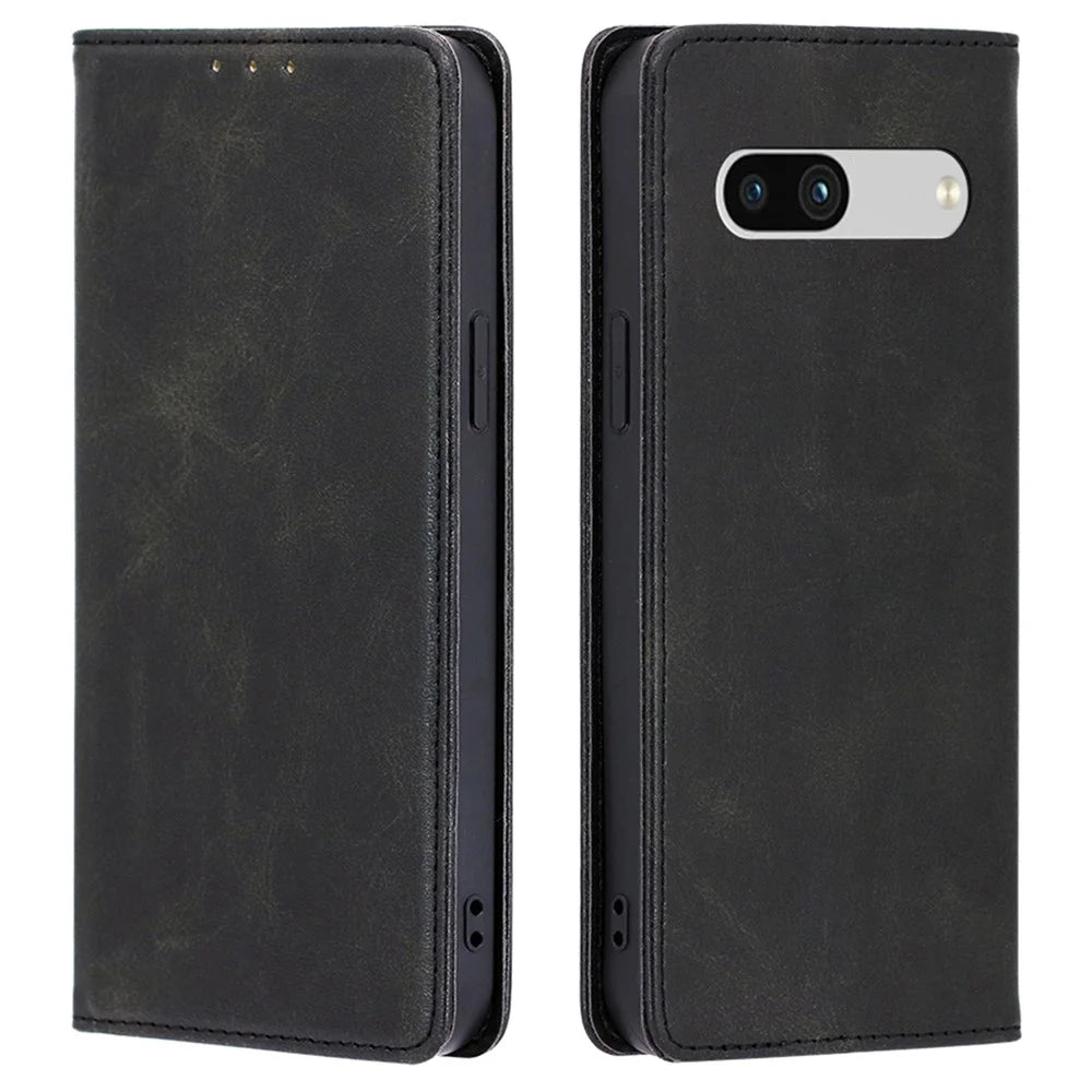 PU Leather Protective Phone Cover For Google Pixel 7a, Magnetic Auto-absorbed Wallet Stand Shockproof Calf Texture Phone Case - Black - 1
