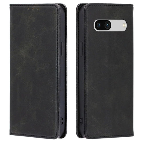 PU Leather Protective Phone Cover For Google Pixel 7a, Magnetic Auto-absorbed Wallet Stand Shockproof Calf Texture Phone Case - Black - 1
