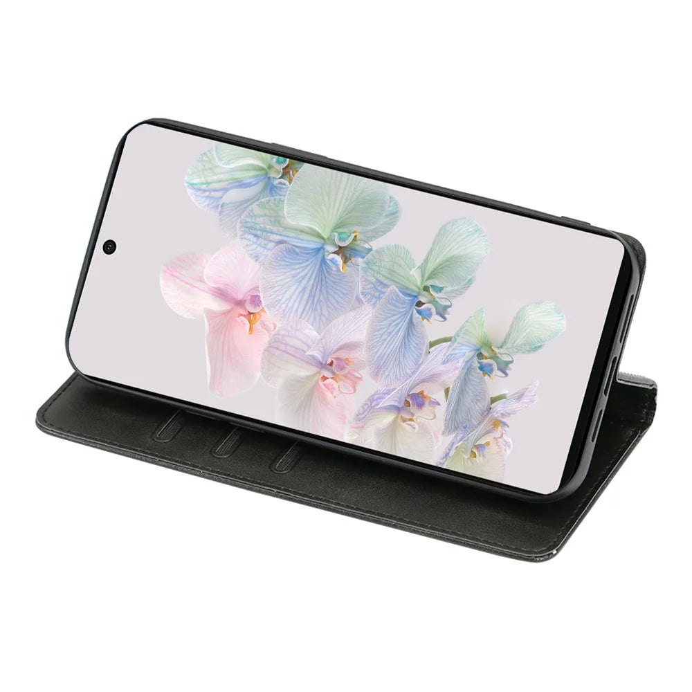 PU Leather Protective Phone Cover For Google Pixel 7a, Magnetic Auto-absorbed Wallet Stand Shockproof Calf Texture Phone Case - Black - 2