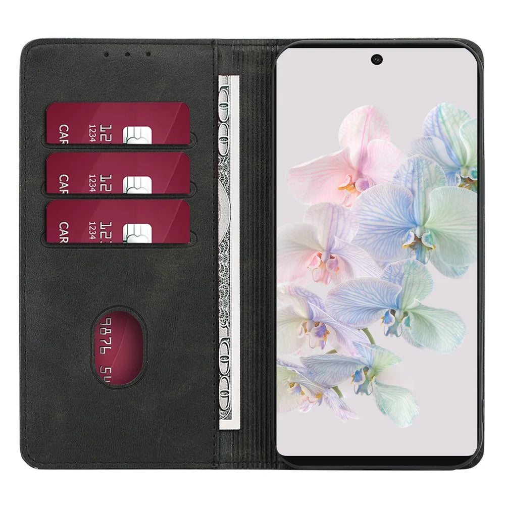 PU Leather Protective Phone Cover For Google Pixel 7a, Magnetic Auto-absorbed Wallet Stand Shockproof Calf Texture Phone Case - Black - 3