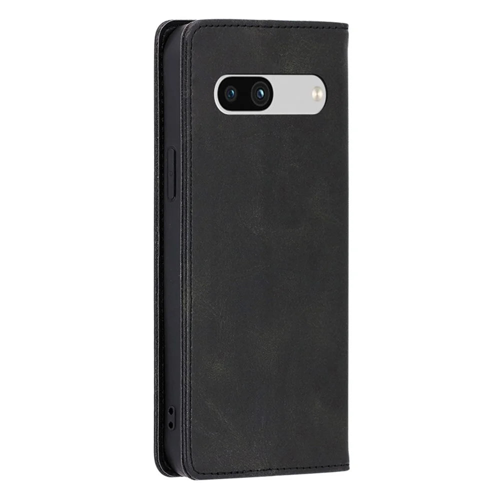 PU Leather Protective Phone Cover For Google Pixel 7a, Magnetic Auto-absorbed Wallet Stand Shockproof Calf Texture Phone Case - Black - 6