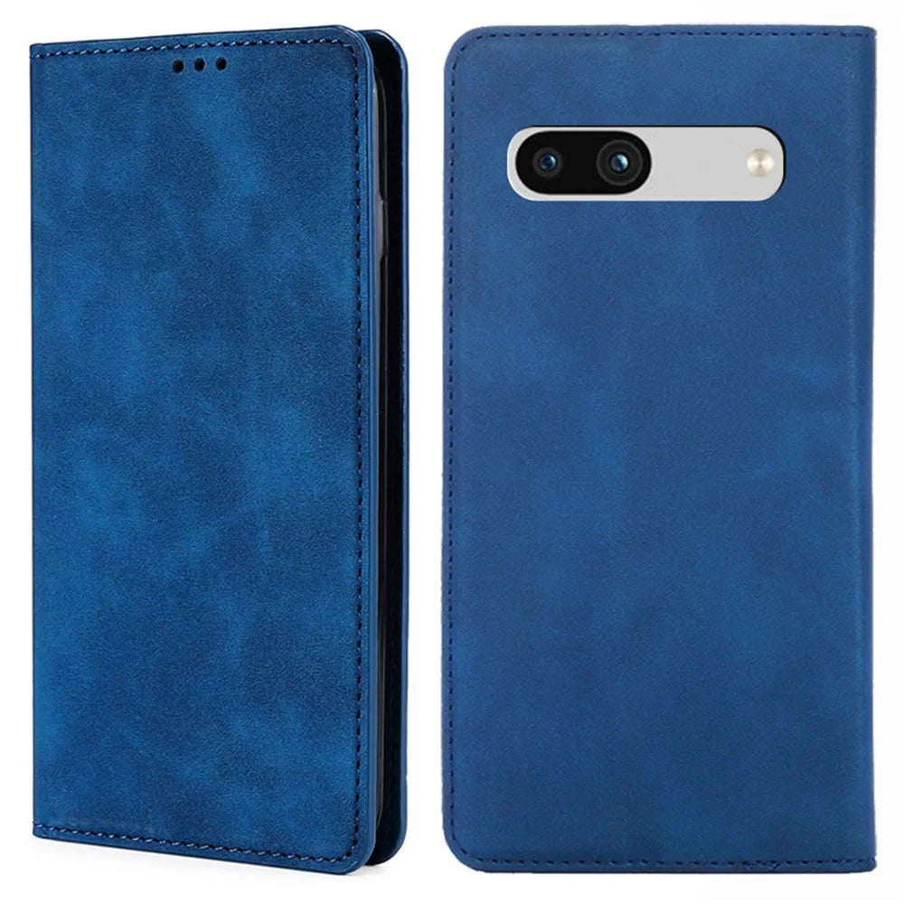 For Google Pixel 7a Drop-proof PU Leather Phone Case with Card Holders Skin-touch Feeling Magnetic Auto-absorbed Stand Flip Folio Phone Cover - Blue - 1