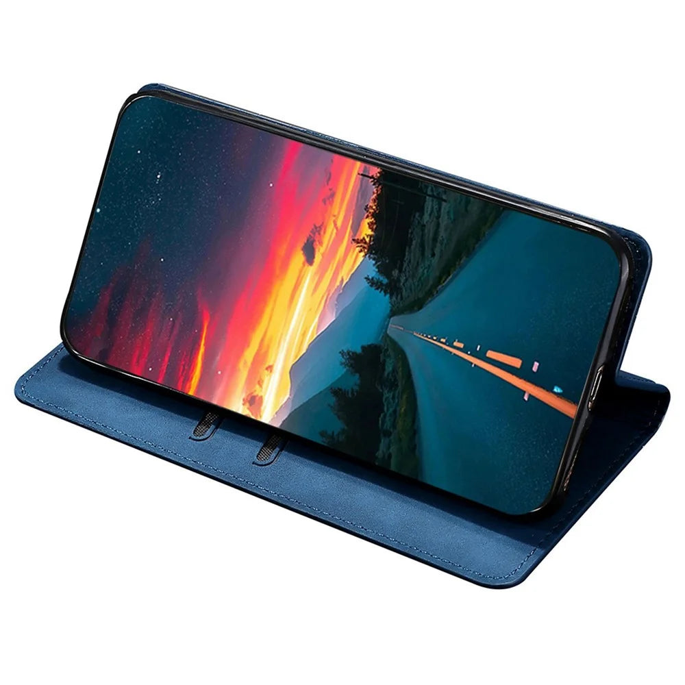 For Google Pixel 7a Drop-proof PU Leather Phone Case with Card Holders Skin-touch Feeling Magnetic Auto-absorbed Stand Flip Folio Phone Cover - Blue - 3