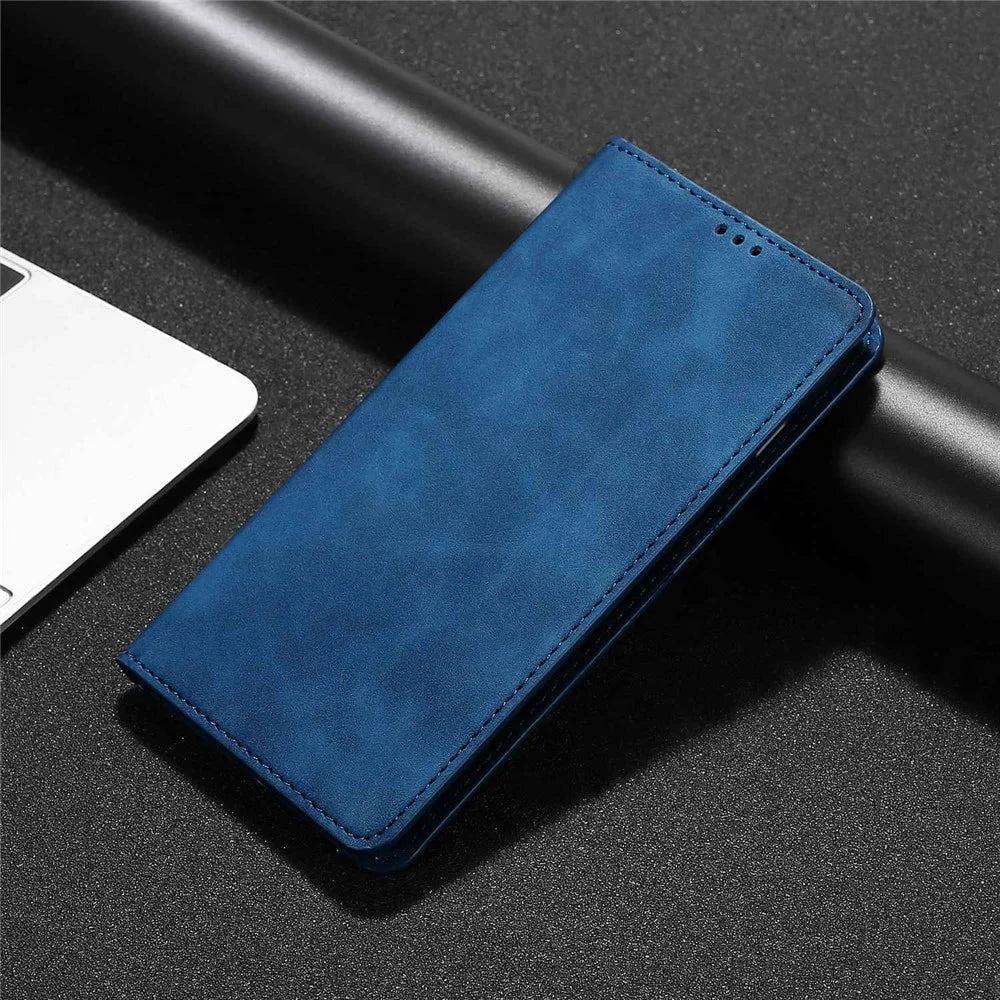 For Google Pixel 7a Drop-proof PU Leather Phone Case with Card Holders Skin-touch Feeling Magnetic Auto-absorbed Stand Flip Folio Phone Cover - Blue - 7