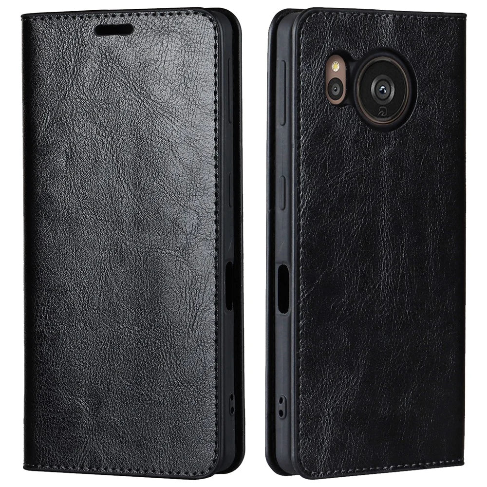 For Sharp Aquos Sense 7 Crazy Horse Texture Genuine Leather Cover Magnetic Absorption Stand Flip Wallet Phone Case - Black - 1
