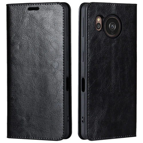 For Sharp Aquos Sense 7 Crazy Horse Texture Genuine Leather Cover Magnetic Absorption Stand Flip Wallet Phone Case - Black - 1