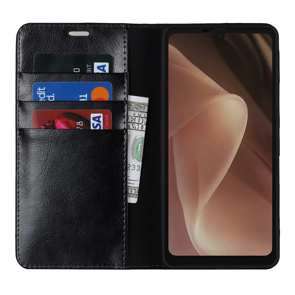For Sharp Aquos Sense 7 Crazy Horse Texture Genuine Leather Cover Magnetic Absorption Stand Flip Wallet Phone Case - Black - 2