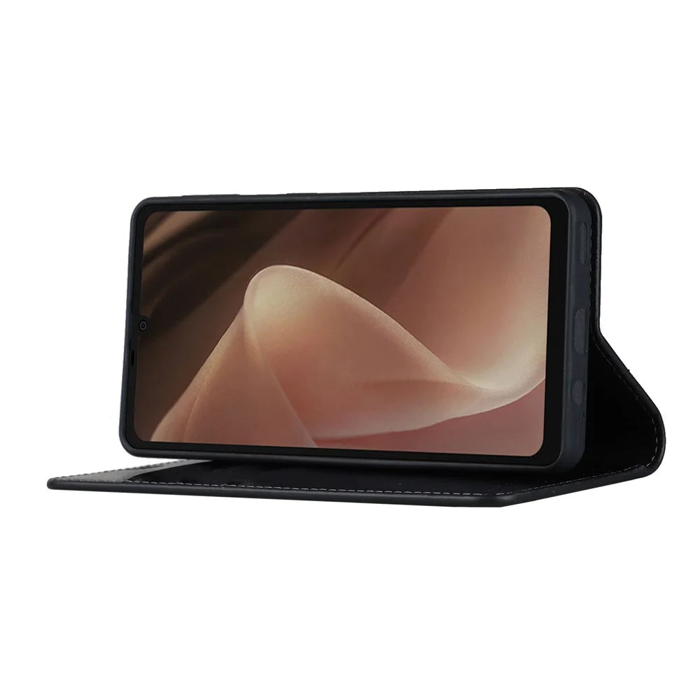 For Sharp Aquos Sense 7 Crazy Horse Texture Genuine Leather Cover Magnetic Absorption Stand Flip Wallet Phone Case - Black - 3