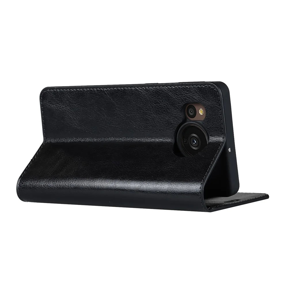 For Sharp Aquos Sense 7 Crazy Horse Texture Genuine Leather Cover Magnetic Absorption Stand Flip Wallet Phone Case - Black - 4