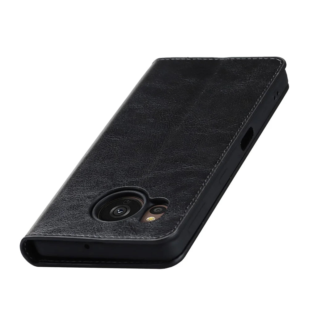 For Sharp Aquos Sense 7 Crazy Horse Texture Genuine Leather Cover Magnetic Absorption Stand Flip Wallet Phone Case - Black - 5