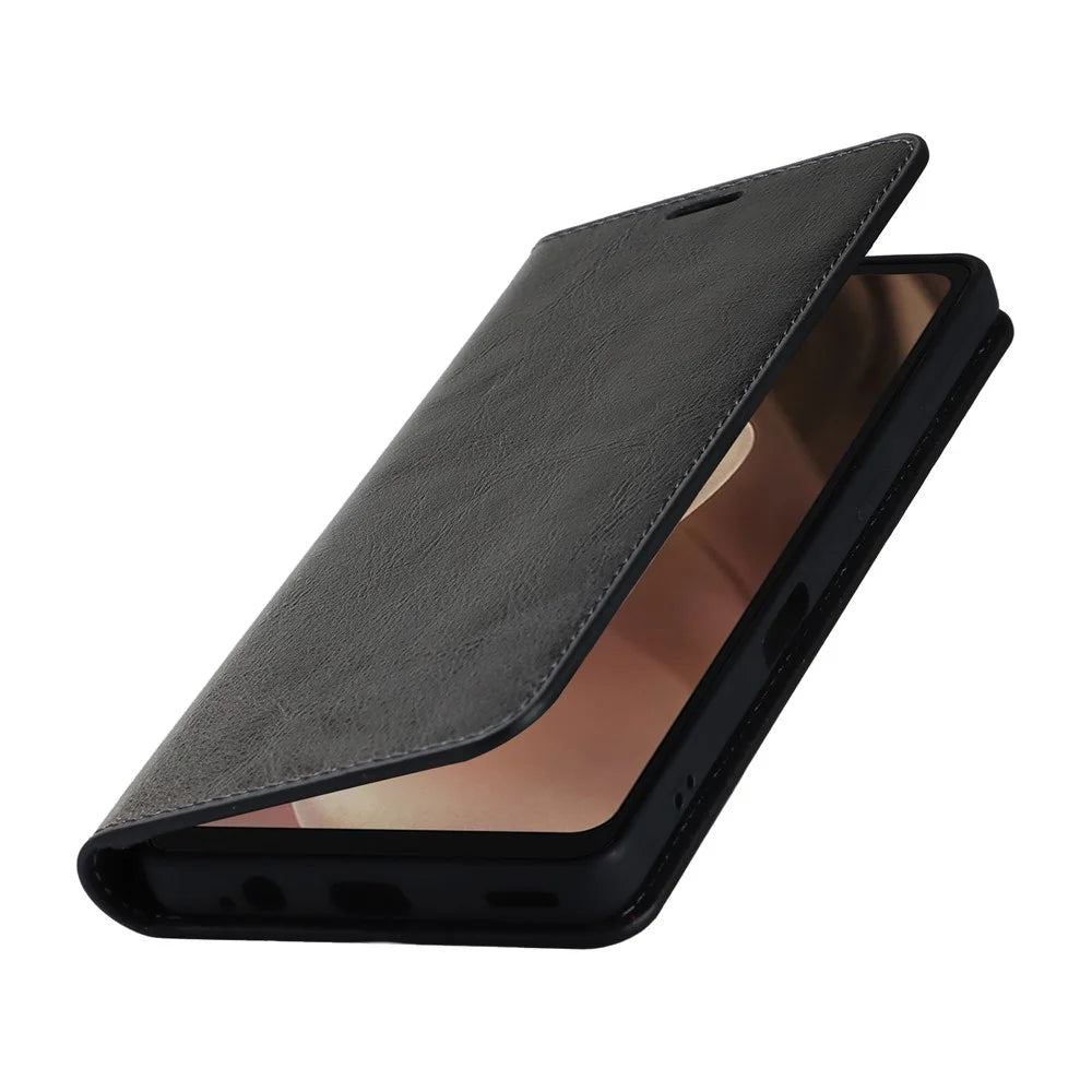 For Sharp Aquos Sense 7 Crazy Horse Texture Genuine Leather Cover Magnetic Absorption Stand Flip Wallet Phone Case - Black - 6